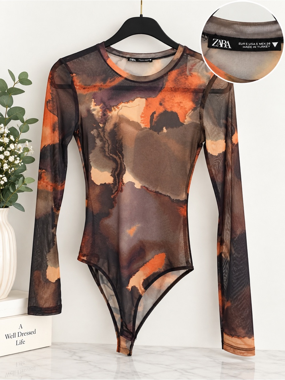 ZARA Sheer Mesh Abstract Print Long Sleeve Bodysuit Size S
